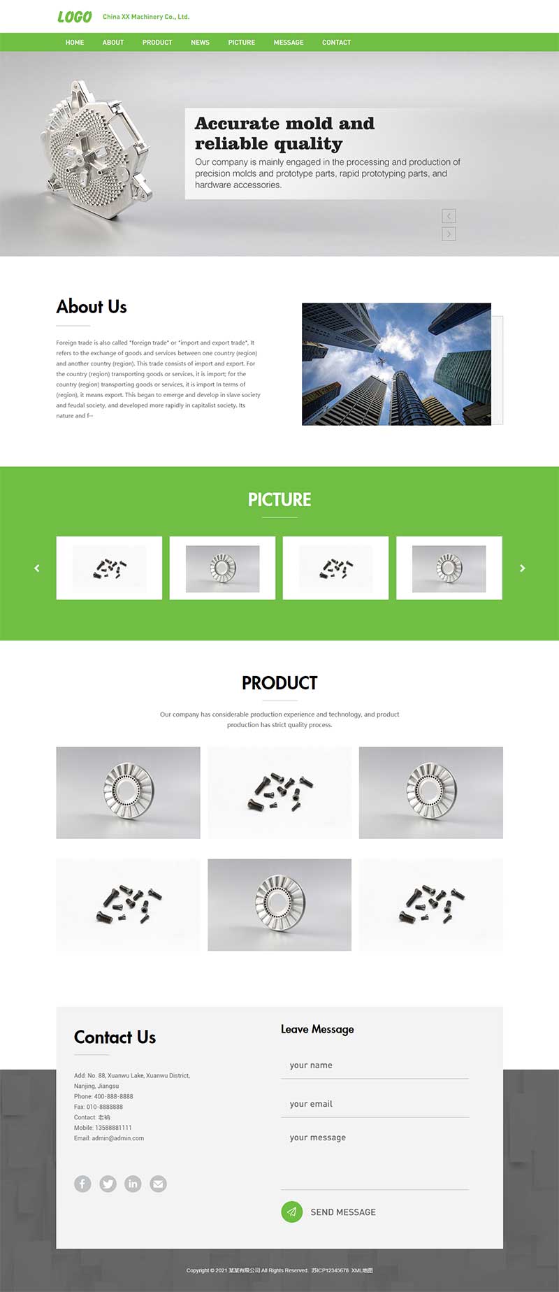 (自適應手機端)綠色五金零件英文pbootcms外貿網站模板 精密模具零件加工類網站源碼下載